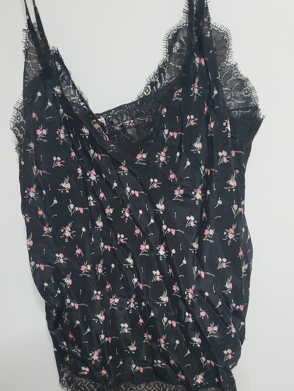Victoria's Secret Black Floral Lace Cami with Pink Blossoms